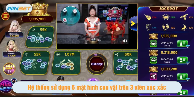 Hệ thống sử dụng 6 mặt hình con vật trên 3 viên xúc xắc